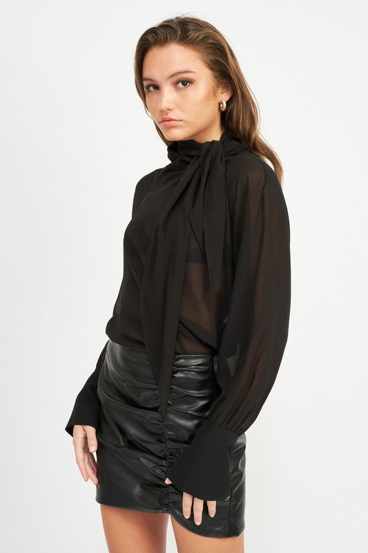 CONTRASTED SHEER TOP WITH SCARF DETAIL